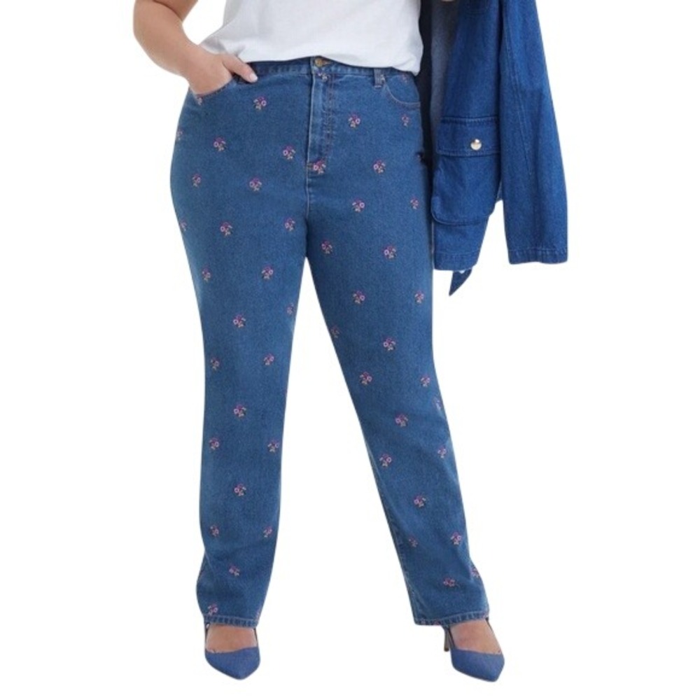 Draper James Embroidered Straight‎ Leg Denim Pant Women's 34 Floral Cottagecore